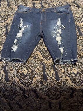 Women's Dark Blue Distressed Boyfriend Jeans Bermuda Shorts with Stud Detail